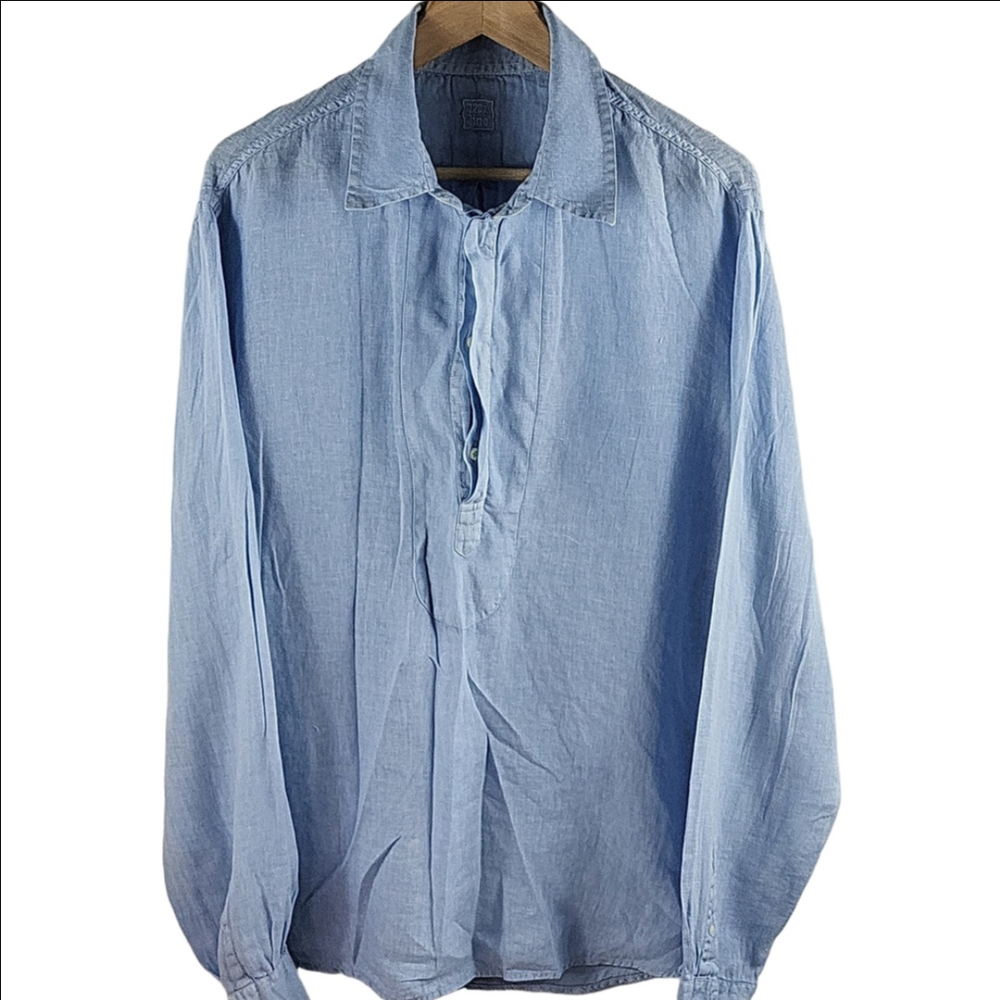 120% Lino Blue Linen Tunic Dress Long Sleeve 3/4 Button Pullover Size XXL